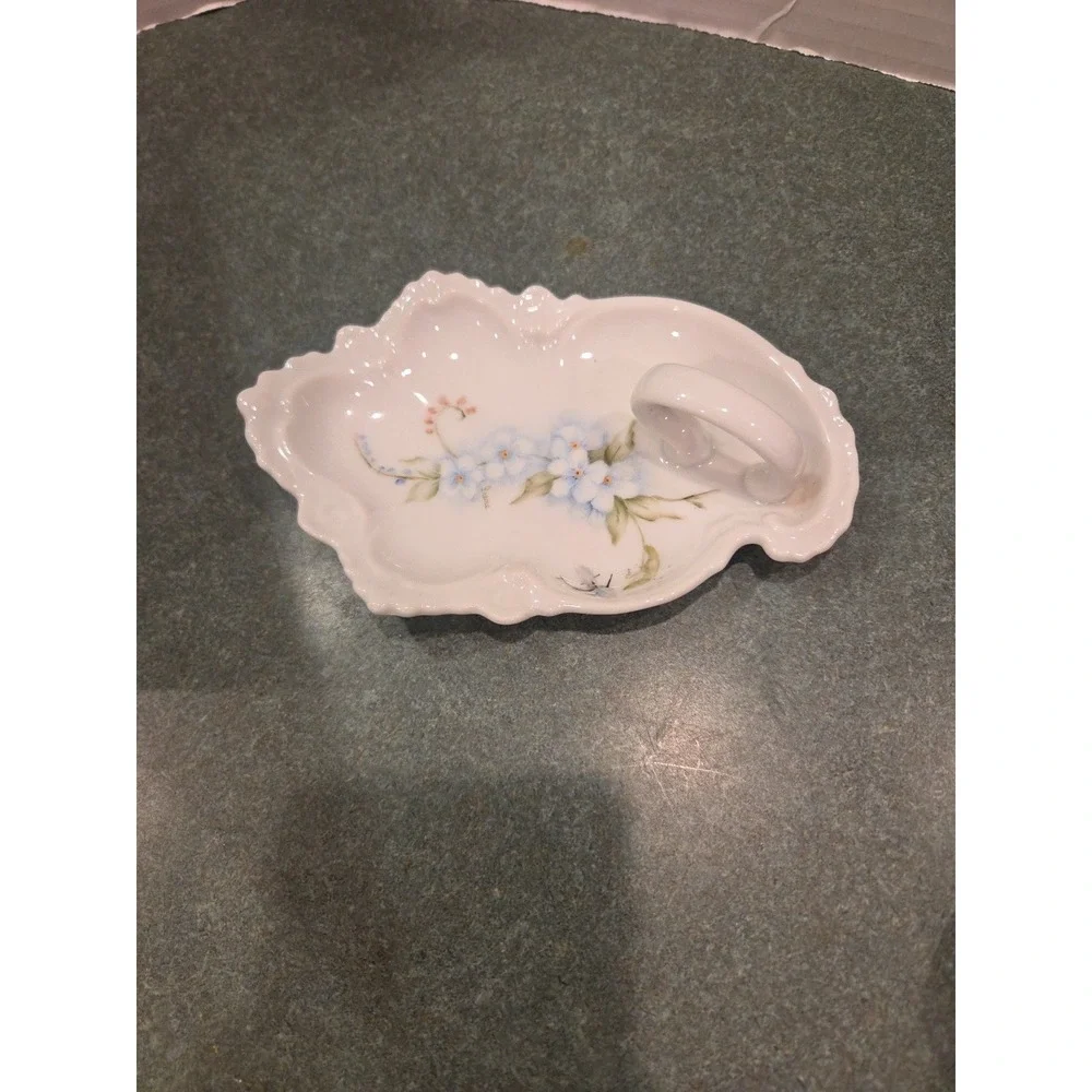 VTG Porcelain Hand Painted Blue Floral Handled Nappy/Trinket Tray Signed Irene